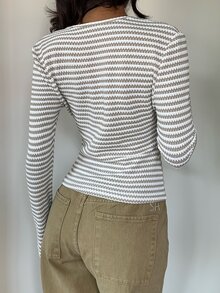 Aloruh Women's Autumn/Winter New Striped Deep V-Neck Fitted Long Sleeve T-Shirt - Khaki - View 2