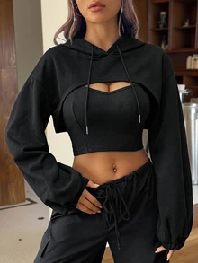 SHEIN EZwear Hoodie dan Cami Top Model Drop Shoulder Super Crop dengan Tali Serut untuk Musim Gugur/Dingin - Hitam - View 3