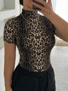Dazy Plus Plus Size Women's Short Sleeve Leopard Print Turtleneck Base Layer T-Shirt - Brown - View 5