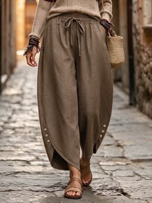 Linhara CURVE Quần short linen dáng rộng size lớn cho nữ, quần harem lưng chun dây rút, cúc bên hông, phong cách thường ngày, chiều dài ngắn, có túi, mùa thu - Cà phê nâu - Xem 6
