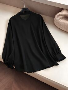 Modelyn Women's Elegant Stand Collar Placket Embellished With Exquisite Beaded Trim, Sleek And Sophisticated, Suitable For Daily Commute And Formal Occasions, Plus Size Long Sleeve Blouse - Black - View 2