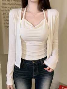 DAZY Women's Solid Color Pure Desire Camisole & Long Sleeve Cardigan 2 Pieces Set, Korean Style, Versatile For Spring And Autumn Vacation - White - View 4