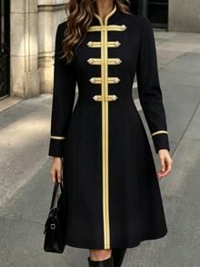 Everyssa Elegant Luxurious Gold Buckle Long Sleeve Fitted Maxi Dress For Outdoor Business Banquet Fall/Winter - Black - View 6