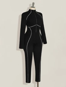 SHEIN ICON Plus Size Vintage Y2K Sexy Front Zipper Contrast Stitching Decor Slimming Tight Jumpsuit, Jumpsuit Outfit - Black and White - View 4