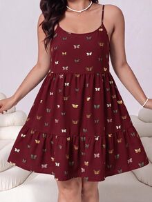 SHEIN EZwear 大尺碼女款全印花百褶休閒仙女風波希米亞哥德風日常夏季細肩帶洋裝，棕色，適合海灘度假 - 酒紅色 - 查看 6
