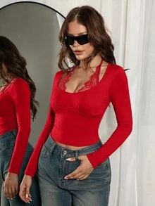 SHEIN ICON 女款蕾絲拼接修身百搭休閒T恤 - 紅色 - 查看 3
