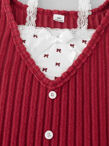 SHEIN 青少年女孩秋季套裝 2件組圓領拼接T恤與刺繡牛仔褲，秋冬休閒穿搭 - 紅色 - 查看 7