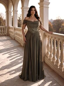 Coutiva Plus Size Beaded Embroidered Patchwork Chiffon Strapless Maxi Formal Evening Gown (Heavy Workmanship) - Olive Green - View 4
