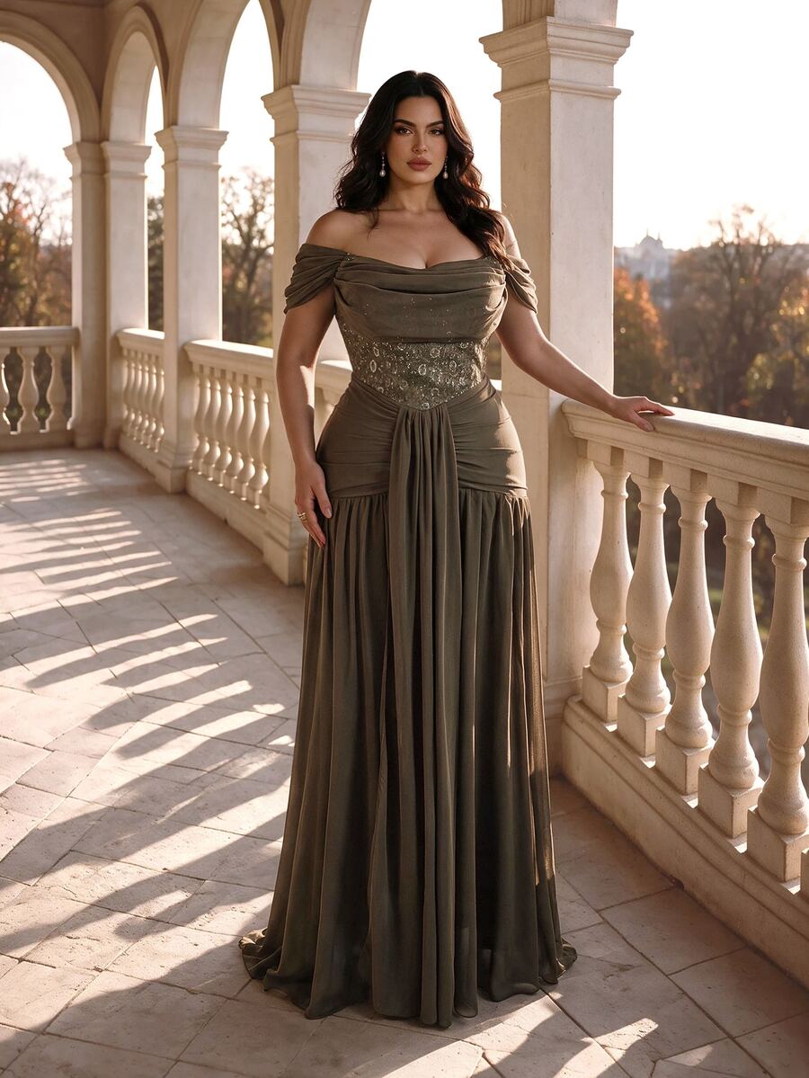Coutiva Plus Size Beaded Embroidered Patchwork Chiffon Strapless Maxi Formal Evening Gown (Heavy Workmanship)