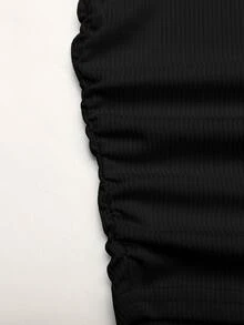 SHEIN Teen Girls Black Ribbed Knit Top And Casual Vintage Sweatpants 2 Pieces Set, Spring/Autumn - Black - View 6