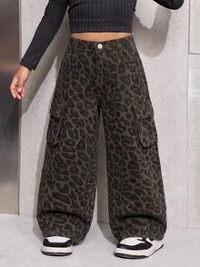 SHEIN 少女豹紋鈕扣工裝牛仔長褲 - 彩色 - 查看 7
