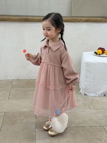 DAZY Gaun Bayi/Balita (Perempuan) Lengan Panjang dengan Kerah Jala dan Motif Patchwork Gaya Korea Musim Gugur/Dingin - Berwarna merah muda - View 5