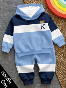 Infant & Toddler Hooded Casual Comfortable Sweatshirt, Classic Vintage Striped Pattern Print, Cute & Cool Crown Pattern Print, Classic Text "King", K Pattern Print, Suitable For Autumn/Winter, Suitable For Back To School Season - White - View 1