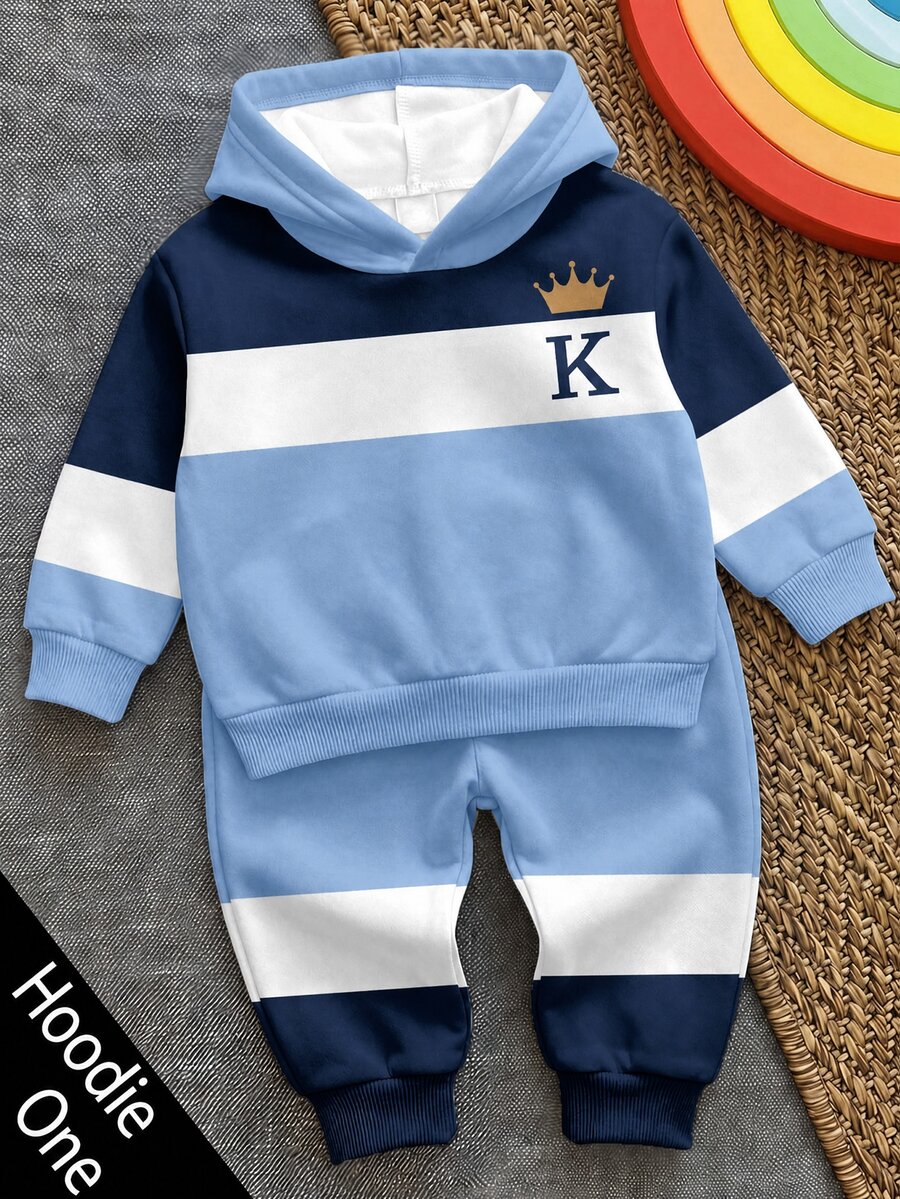 Infant & Toddler Hooded Casual Comfortable Sweatshirt, Classic Vintage Striped Pattern Print, Cute & Cool Crown Pattern Print, Classic Text "King", K Pattern Print, Suitable For Autumn/Winter, Suitable For Back To School Season - White - View 1