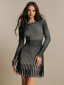 Poéselle Women's Striped Crew Neck Long Sleeve Casual Knit Dress - Black and White - View 3