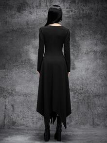 Cryptelle Women's Asymmetrical Hem V-Neck Button Dress Autumn/Winter Black Gothic Style Halloween Party Outfit - Black - View 2