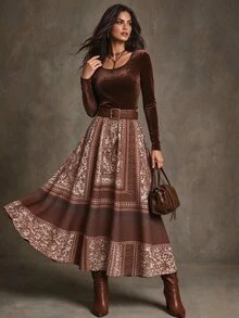 Elenzga Women's Fashion New Brown Square Neck Printed Fitted Base Layer Retro Lazy Weekend Holiday Travel 2 Pieces Set - Brown - View 6