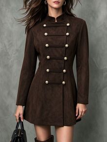 Trelyra Women's New Casual ElegantAutumn/Winter New Chinese Style Frog Button HighNeck Long Sleeve Jacket, D - Coffee Brown - View 1