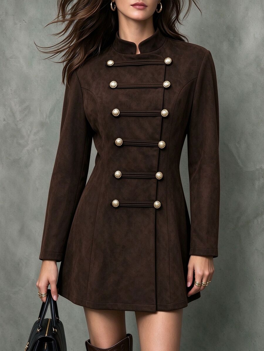 Trelyra Women's New Casual ElegantAutumn/Winter New Chinese Style Frog Button HighNeck Long Sleeve Jacket, D - Coffee Brown - View 1