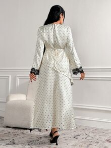 Veilorie Women's Polka Dot Pattern Contrast Lace Asymmetrical Hem Top And Skirt Arabic Costume Set - Apricot - View 2