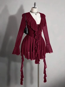 SHEIN ICON 大尺碼復古性感休閒 Y2K 都市現代時尚 個性優雅通勤派對夜間 荷葉邊緞帶喇叭袖黑色網紗洋裝 秋季 - 酒紅色 - 查看 1