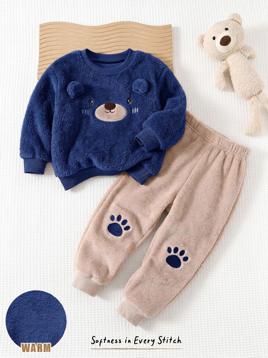 Cozy Pixies Kids Young Boy Cartoon Cute Pattern Thermal Lined Thick Crew Neck Long Sleeve Pullover Sweatshirt And Elastic Waist Autumn Winter Pants 2-Piece Set - Navy Blue - View 1