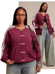 SHEIN SXY Plus Size Women's Colorblock Casual Daily Long Sleeve Jacket - Rose Red - View 1