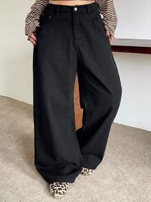 Dazy Plus Semi-Elastic Waist Solid Color Fashion Casual Straight Leg Long Plus Size Women's Jeans All Season - Black - View 3