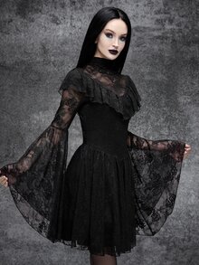 Cryptelle Women's High Elastic Ruffle Trim Lace Mesh Bell Sleeve Short Mini Dress Autumn/Winter Black Gothic Style Halloween Outfit Costume Party Night - Black - View 7