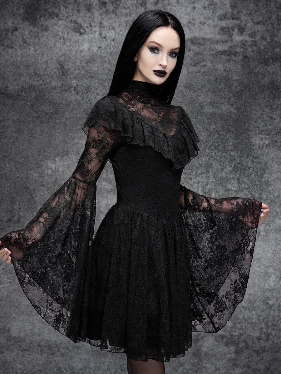 Cryptelle Women's High Elastic Ruffle Trim Lace Mesh Bell Sleeve Short Mini Dress Autumn/Winter Black Gothic Style Halloween Outfit Costume Party Night - Black - View 1