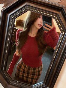 DAZY Autumn/Winter Red Crew Neck Fitted Short Sleeve Knit Sweater And Arm Warmers 2 Pieces Set, Casual Christmas Women's - Red - View 4