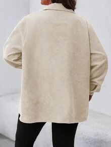 SHEIN LUNE 大尺碼女款純色長袖工裝口袋休閒夾克，適合春季、秋季與冬季 - 米色 - 查看 2