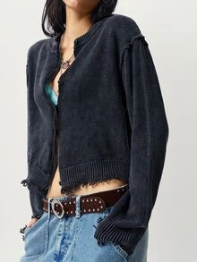 Bohemela Women's Dropped Shoulder Long Sleeve Frayed Knit Cardigan With Stone Wash - Grey - View 1
