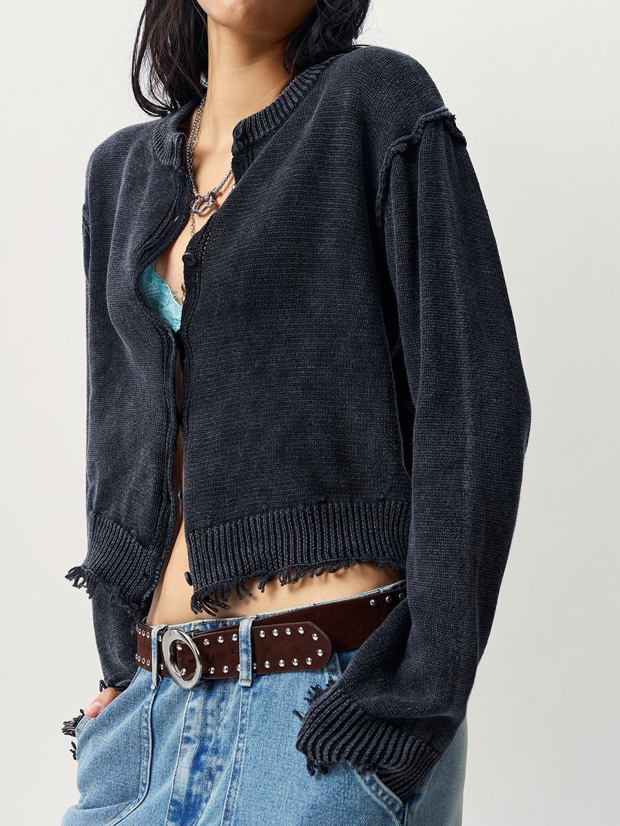 Bohemela Women's Dropped Shoulder Long Sleeve Frayed Knit Cardigan With Stone Wash - Grey - View 1