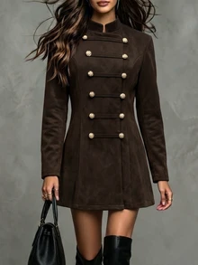 Trelyra Women's New Casual ElegantAutumn/Winter New Chinese Style Frog Button HighNeck Long Sleeve Jacket, D - Coffee Brown - View 3