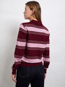 Nöista Knitted Casual Polo Collar Striped Shirt - Burgundy - View 4