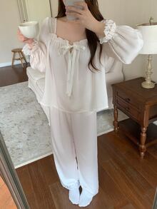 DAZY 2pcs/Set Women's Sweet Cute Fairy Solid Color Lace Patchwork Square Neck Long Sleeve Long Pajama Pants Sleepwear Set Sleep Pink Camo - Apricot - View 8