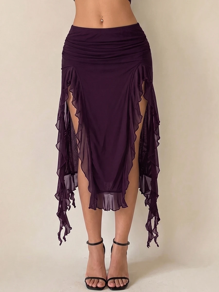 SHEIN ICON 女款百褶拼接層次不對稱下擺中長低腰裙 - 紫色 - 查看 1