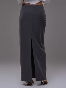 MUSERA Grey Woven Low Rise Slit Back Maxi Skirt Autumn Fall Winter Cute Everyday Office Corporate Romance - Grey - View 4