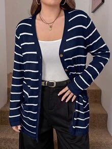 SHEIN LUNE 大尺碼女款純色白色全開襟開襟衫，附口袋，秋季返校商務休閒優雅款，冬季辦公通勤日常穿搭 - 寶藍色 - 查看 4