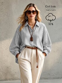 Ceyna Plus Striped Print Drop Shoulder Oversize Lantern Sleeve Shirt - Multicolor - View 1