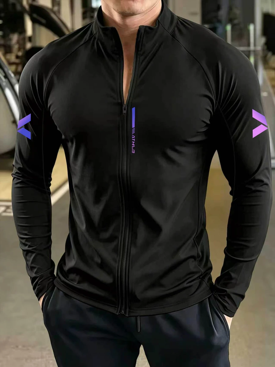 GymBeat 男士字母印花插肩袖長袖拉鍊運動夾克 - 黑色 - 查看 1