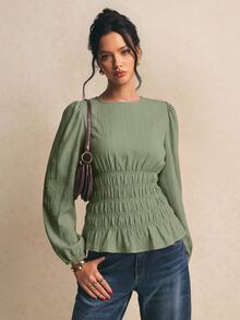 Poéselle 女款米色圓領泡泡袖抽褶腰部荷葉邊上衣，優雅長袖風格，紋理百褶設計，夏季女性茶會上衣 - 橄欖綠 - 查看 6