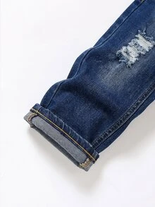 SHEIN 小男孩鈕扣口袋兒童磨損牛仔長褲，適合戶外旅行 - 中等水洗藍 - 查看 5