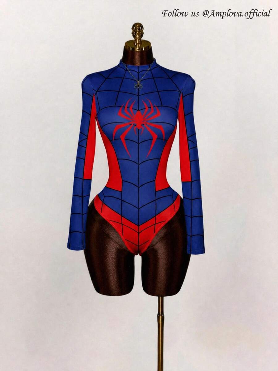 Amplova Women's Spider Print Casual Daily Long Sleeve Bodysuit - Multicolor - View 1