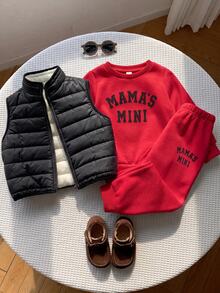 SHEIN 3件組男童秋冬休閒圓領長袖套頭衛衣、長褲、厚抓絨背心，男孩秋冬套裝，外套套裝，運動套裝 - 紅色 - 查看 3