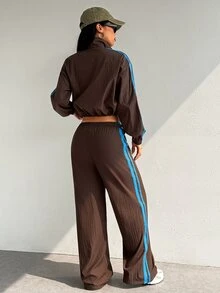 SHEIN Dewbera Women's Striped Colorblock Cropped Jacket And Long Pants Sports Set - Rust Brown - View 2