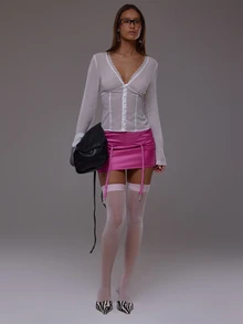 MUSERA Pink Satin Garter Detail Mini Skirt Autumn Fall Winter Cute Everyday Office Corporate Romance - Hot Pink - View 2