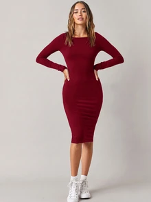SHEIN BASICS 純色貼身中長洋裝，商務休閒女裝/優雅夏季女裝，秋季女裝 - 酒紅色 - 查看 5