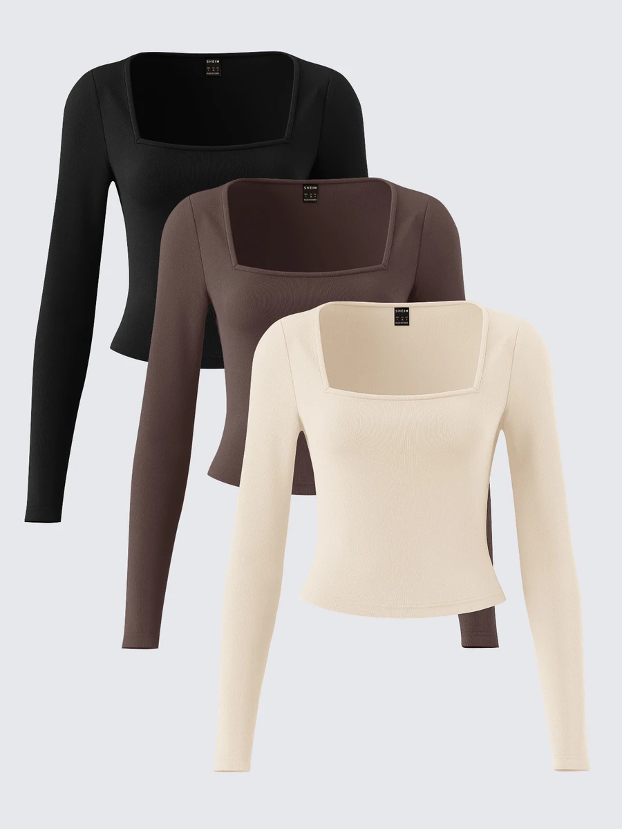 SHEIN BASICS 3件組純色針織長袖修身挖領短版女款T恤上衣,黑色、灰色、白色,秋季基礎款,適合白天、辦公室、日常休閒穿著 - 彩色 - 查看 1